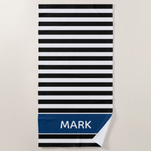 Navy Black And White Striped Name Cabana Stripe Beach Towel