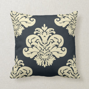 Navy Black Cream Damask Cushion