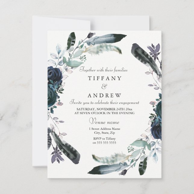 Navy Black Floral Wreath Engagement Party Invite (Front)