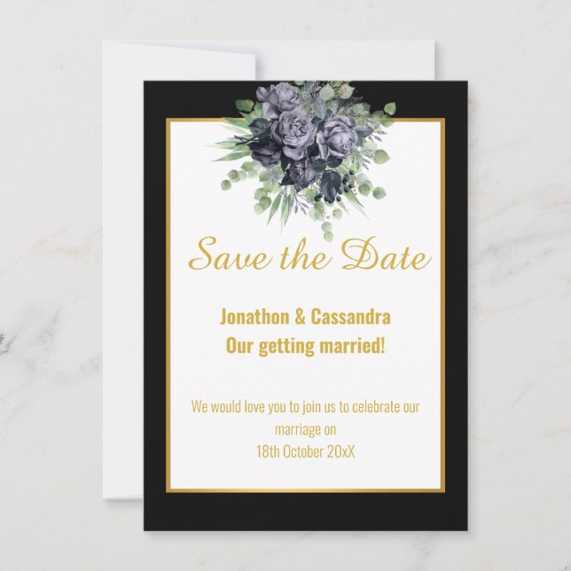 NAVY BLACK  GOLD ROSE EUCALYPTUS  SAVE THE DATE (Front)