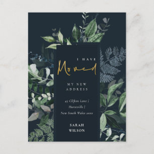 Navy Black Green Gold Greenery Frame I have Moved Postcard