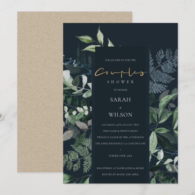 Navy Black Green Leafy Fauna Couples Shower Invite (Front/Back)