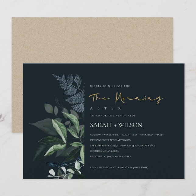 Navy Black Green Leafy Fauna Morning After Invite (Front/Back)