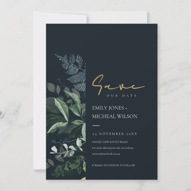 Navy Black Green Leafy Fauna Save The Date Invite (Front)