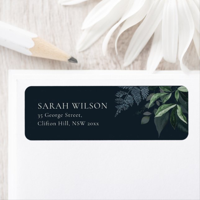 Navy Black Green Leafy Foliage Leafy Address Label (Insitu)