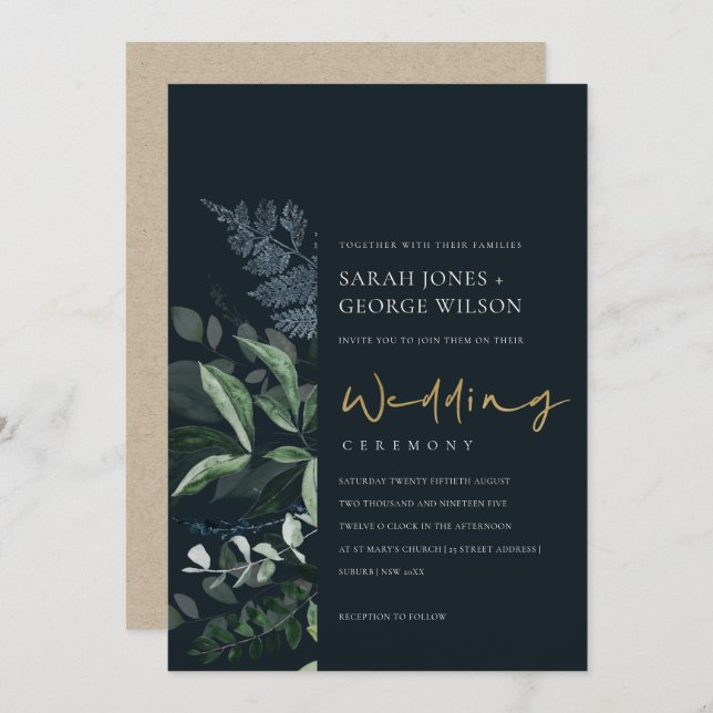 Navy Black Green Leafy Foliage Wedding Invite (Front/Back)