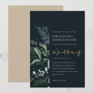 Navy Black Green Leafy Foliage Wedding Invite