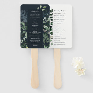 Navy Black Green Leafy Foliage Wedding Program Hand Fan