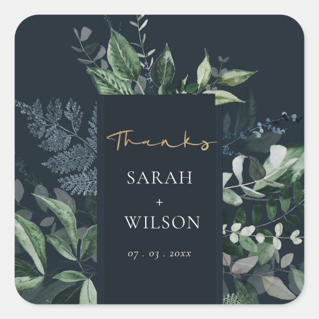 Navy Black Green Leafy Foliage Wedding Thanks  Square Sticker (Front)