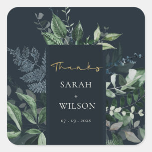 Navy Black Green Leafy Foliage Wedding Thanks  Square Sticker