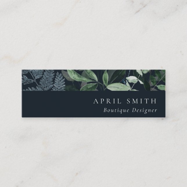 Navy Black Green Leafy Tropical Foliage Fern Mini Business Card (Front)