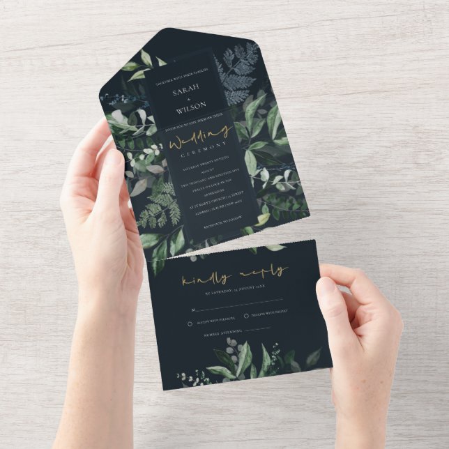 Navy Black Green Leafy Tropical Foliage Wedding Al All In One Invitation (Tearaway)