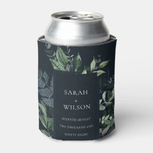 Navy Black Green Leafy Tropical Foliage Wedding Can Cooler