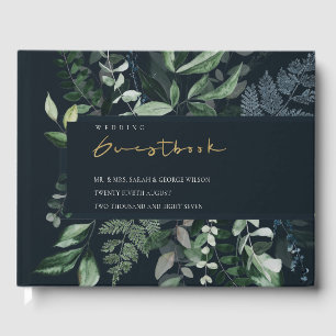 Navy Black Green Leafy Tropical Foliage Wedding Guest Book
