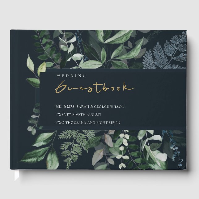 Navy Black Green Leafy Tropical Foliage Wedding Guest Book (Front)