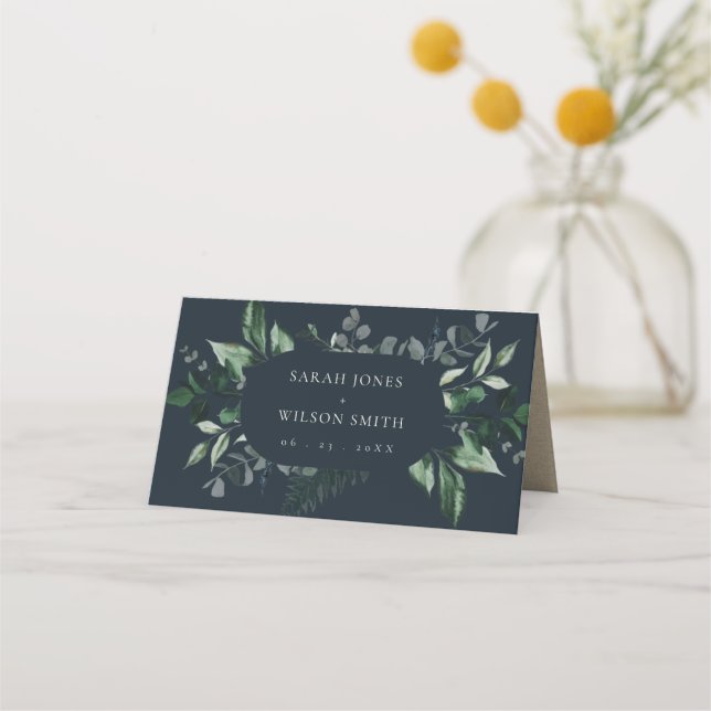 Navy Black Green Leafy Tropical Foliage Wedding Place Card (Front)
