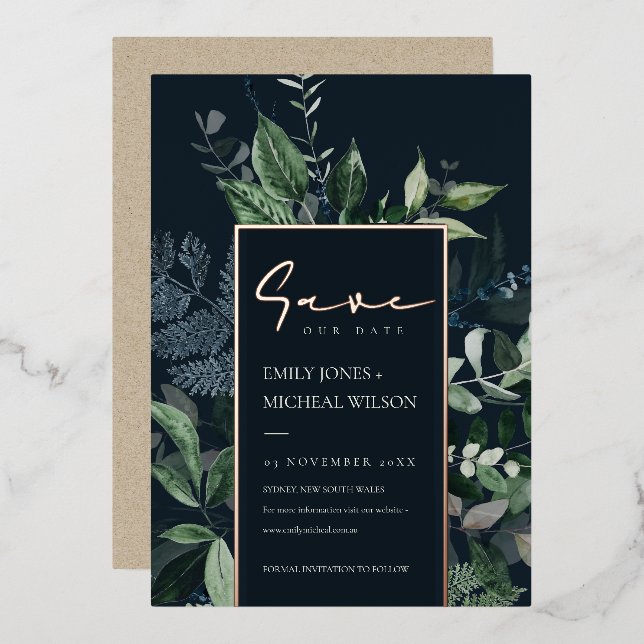 Navy Black Kraft Green Leafy Fauna Save The Date (Front/Back)