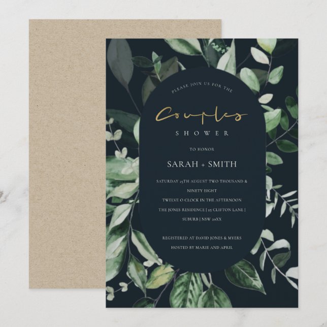 Navy Black Leafy Capsule Couples Shower Invite (Front/Back)
