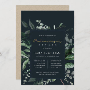 Navy Black Leafy Fauna Rehearsal Dinner Invite