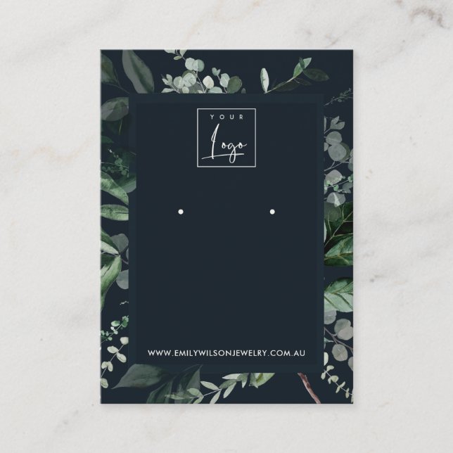 Navy Black Leafy Frame Fauna Earring Display Logo Business Card (Front)