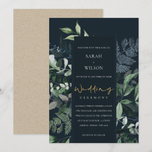 Navy Black Leafy Tropical Foliage Wedding Invite