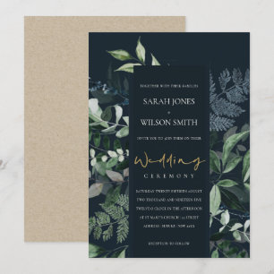 Navy Black Leafy Tropical Foliage Wedding Invite