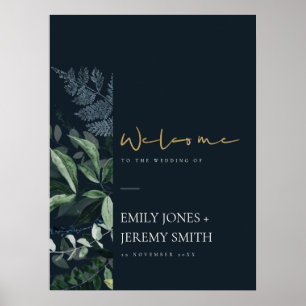Navy Black Leafy Tropical Foliage Wedding Welcome Poster