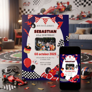 Navy Black Race Car Photo Birthday Invitation