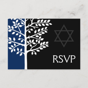 Navy Black Tree of Life Bar Mitzvah RSVP Card
