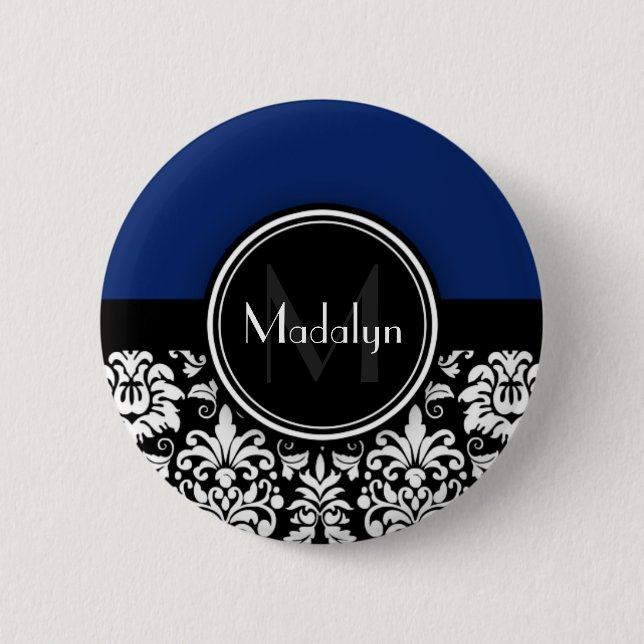 Navy Black White Damask Monogram Letter 6 Cm Round Badge (Front)