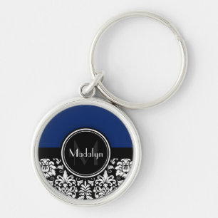 Navy Black White Damask Monogram Letter Key Ring