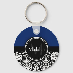 Navy Black White Damask Monogram Letter Key Ring