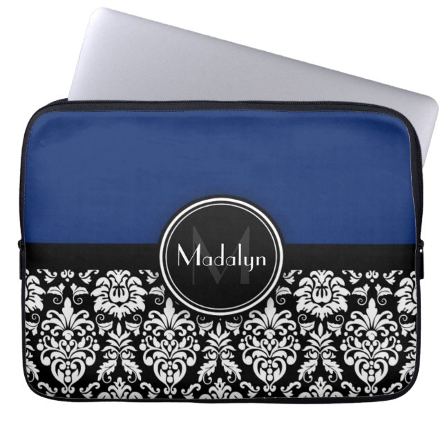 Navy Black White Damask Monogram Letter Laptop Sleeve (Front)