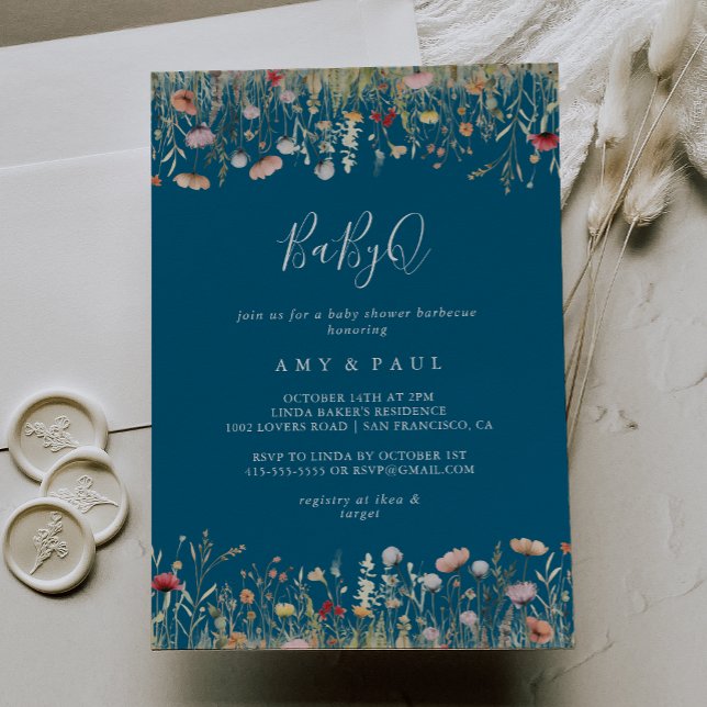 Navy Bliss Wildflower  BabyQ Baby Shower Barbecue Invitation (Creator Uploaded)