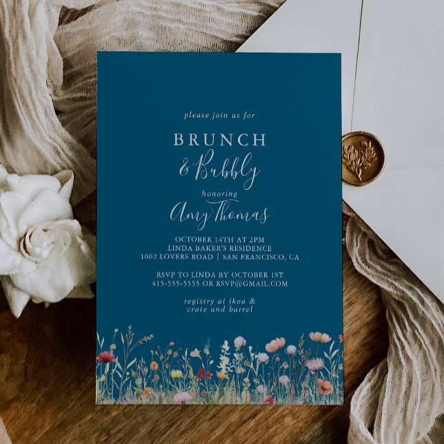 Navy Bliss Wildflower Brunch Bubbly Bridal Shower Invitation (Creator Uploaded)