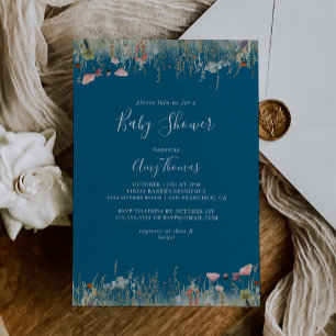 Navy Blissful Boho Wildflower Baby Shower Invitation
