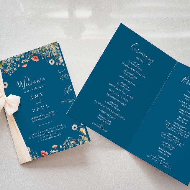 Navy Blissful Boho Wildflower Folded Wedding Programme (Creator Uploaded)