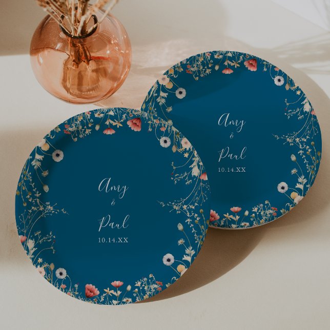 Navy Blissful Boho Wildflower Wedding Cake Paper Plate (Creator Uploaded)