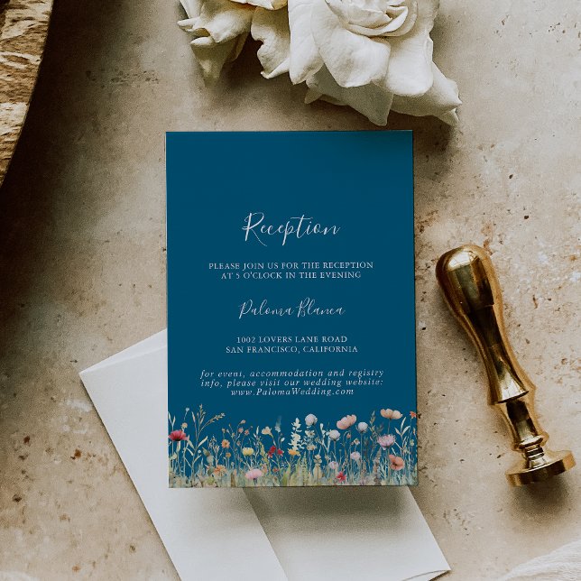 Navy Blissful Boho Wildflower Wedding Reception  Enclosure Card (Creator Uploaded)