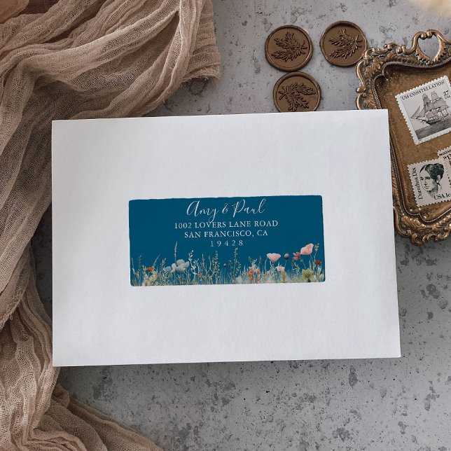 Navy Blissful Boho Wildflower Wedding RSVP Address Label (Creator Uploaded)
