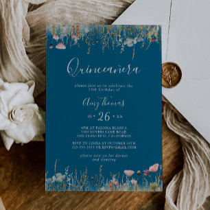 Navy Blissful Colourful Boho Wildflower Quinceañer Invitation