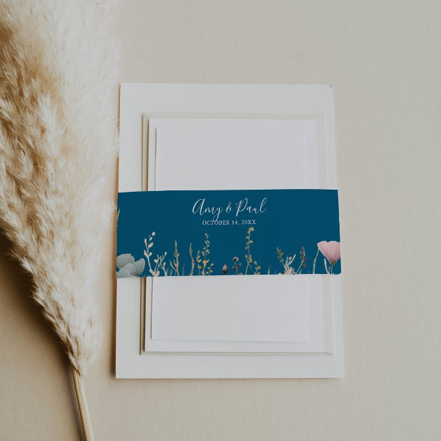 Navy Blissful Colourful Boho Wildflower Wedding  Invitation Belly Band (Creator Uploaded)