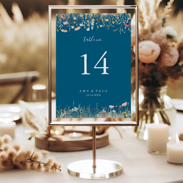 Navy Blissful Colourful Boho Wildflower Wedding Table Number (Creator Uploaded)