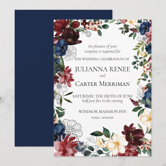 Navy Bloom Floral Frame Wedding  Invitation (Front/Back)
