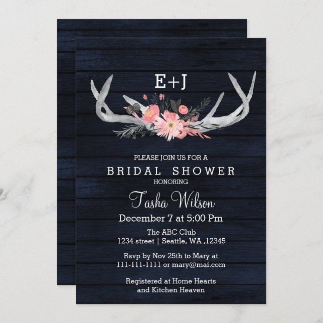Navy Blooming Antlers Country Chic Bridal Shower Invitation (Front/Back)