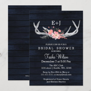 Navy Blooming Antlers Country Chic Bridal Shower Invitation