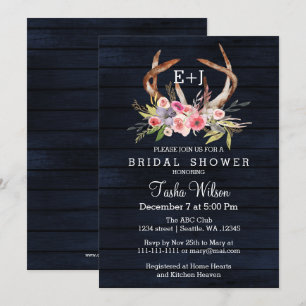 Navy Blooming Antlers Country Chic Bridal Shower Invitation