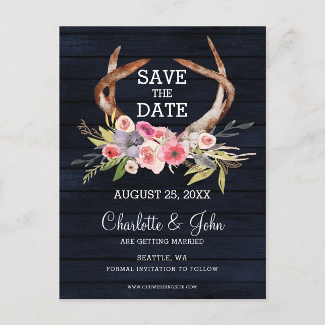 Navy blooming antlers country chic wedding announcement postcard (Front)