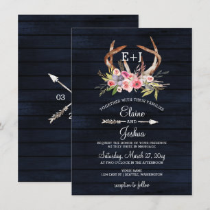 Navy Blooming Antlers Country Chic Wedding Invitation