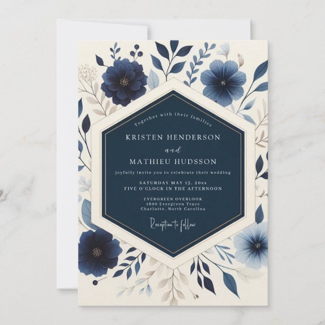 Navy Blooming Botanical Wedding Invitation (Front)